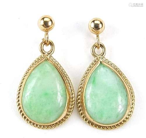 Pair of 9ct gold Chinese green jade drop earrings, 1.6cm hig...