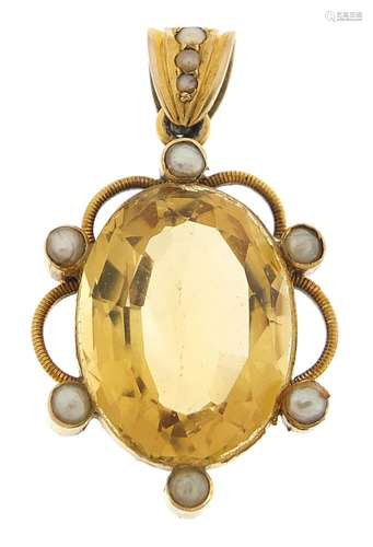 Unmarked gold citrine and seed pearl pendant, 3cm high, 3.9g