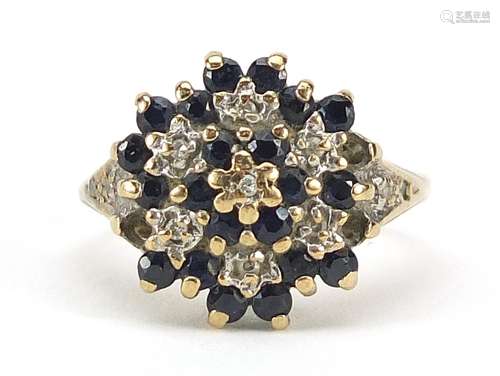 9ct gold sapphire and diamond cluster ring, size J, 3.6g