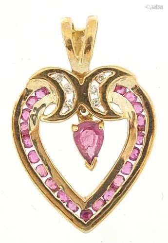 9ct gold ruby and diamond love heart pendant, 2.1cm high, 2....
