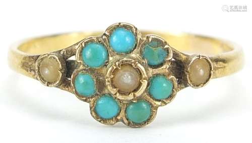 Early 19th century turquoise and seed pearl flower head ring...