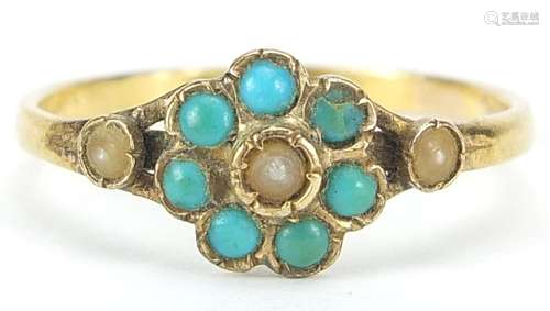 Early 19th century turquoise and seed pearl flower head ring...