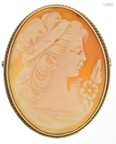 9ct gold cameo maiden head brooch, 4cm high, 7.2g