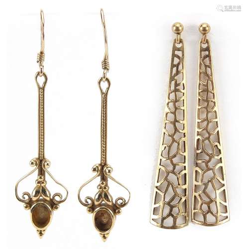 Two pairs of 9ct gold drop earrings, the largest 4.8cm high,...
