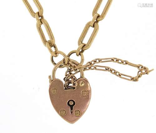 9ct gold chain link bracelet with love heart padlock, 18cm i...