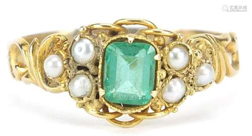 Early 19th century seed pearl and green stone ring, indistin...