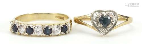 Two 9ct gold sapphire and clear stone rings, size P, 3.8g