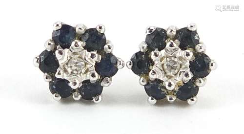 Pair of 9ct gold sapphire and diamond flower head cluster st...
