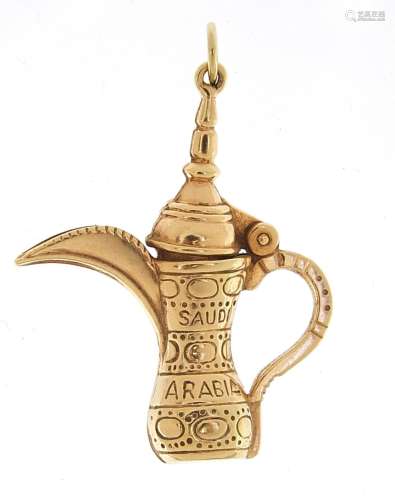 14ct gold Omani coffee pot charm with hinged lid, 2.9cm high...