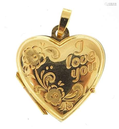 9ct gold love heart locket engraved I love you, 2.5cm high, ...