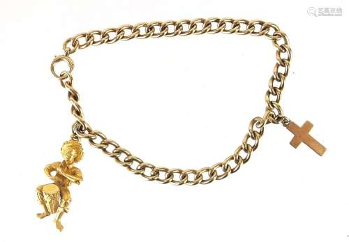 9ct gold bracelet with 9ct gold cross charm and yellow metal...