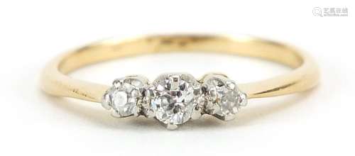 Unmarked gold diamond three stone ring, size I, 1.6g