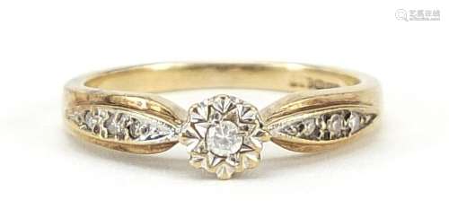 9ct gold diamond solitaire ring with diamond set shoulders, ...