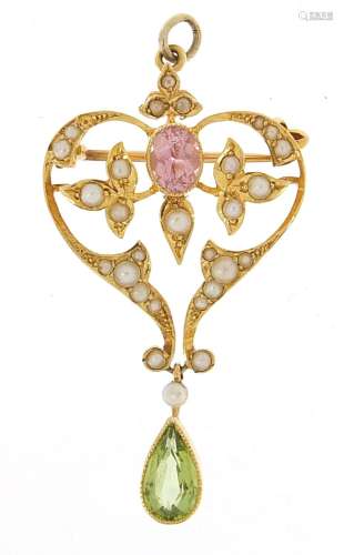 Victorian Suffragette interest 15ct gold peridot, pink stone...