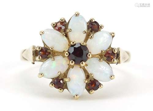 9ct gold garnet and opal flower head ring, size L, 2.7g