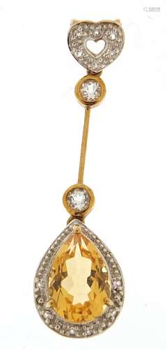 9ct gold citrine and cubic zirconia tear drop pendant, 4.5cm...