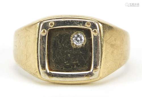9ct gold diamond signet ring, size R, 5.5g