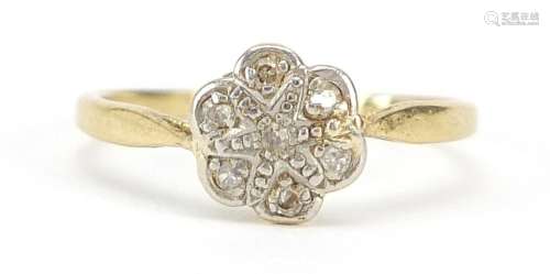 Unmarked gold diamond flower head ring, size L, 2.0g