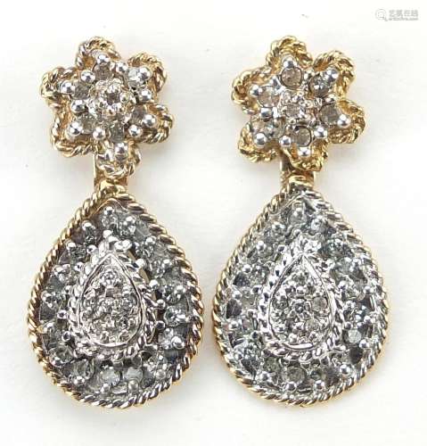 Pair of 9ct gold diamond cluster tear drop earrings, 2.3cm h...