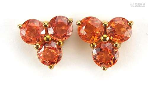 Pair of 9ct gold orange stone earrings, possibly fire opals,...