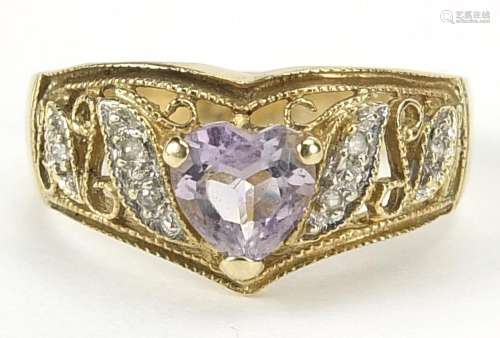 9ct gold love heart amethyst and diamond ring, size N, 3.1g