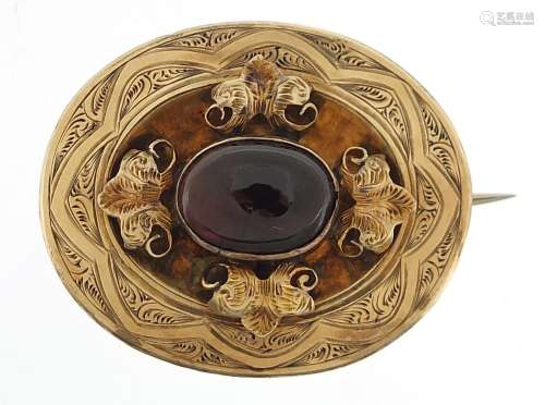 Antique unmarked gold cabochon garnet mourning brooch, (test...