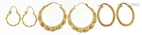 Three pairs of 9ct gold hoop earrings, the largest 3.5cm in ...
