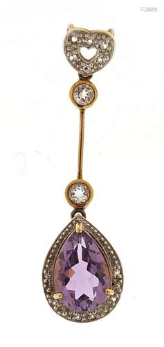 9ct gold amethyst and cubic zirconia tear drop pendant, 4.5c...