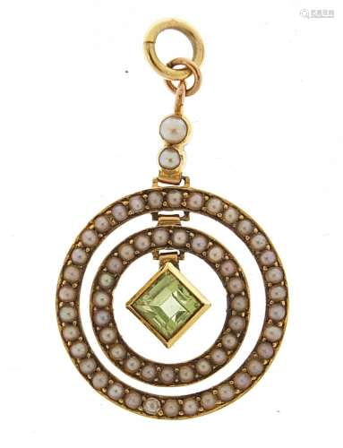 9ct gold Edwardian peridot and seed pearl halo pendant, 3.4c...