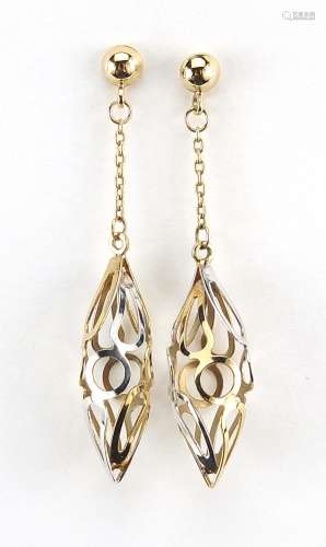 Pair of 9ct two tone gold drop earrings, 4cm high, 1.7g