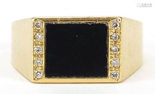 18ct gold black onyx and diamond ring, size T/U, 7.2g