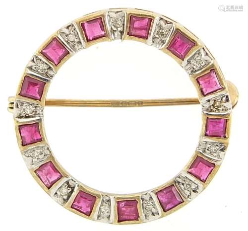 9ct gold ruby and diamond brooch, 2.4cm in diameter, 2.7g