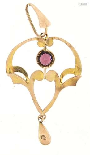Art Nouveau 9ct gold garnet pendant, 4cm high, 1.0g