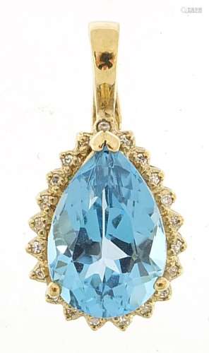 9ct gold tear drop blue topaz and diamond pendant, 2.7cm hig...