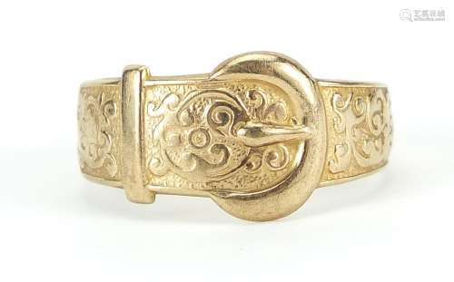 9ct gold buckle design ring, size V, 3.8g