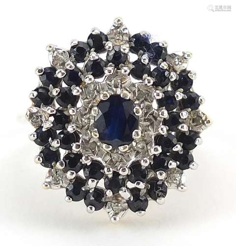 9ct gold sapphire and diamond four tier cluster ring, size N...