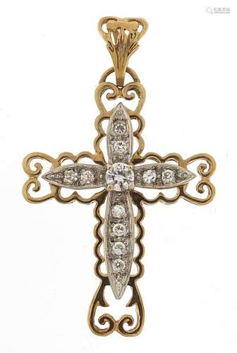 9ct two tone gold cross pendant set with clear stones, 5cm h...