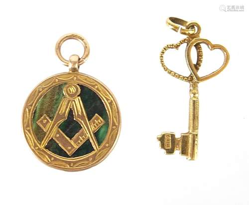 9ct gold hardstone masonic pendant and a 9ct gold love heart...