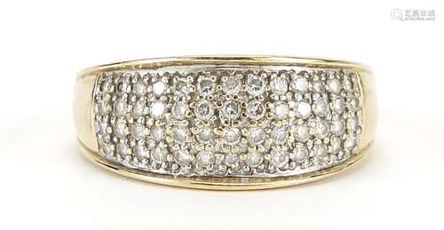 9ct gold diamond four row cluster ring, size P, 2.8g