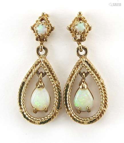 Pair of 9ct gold opal drop earrings, 2.9cm high, 4.0g