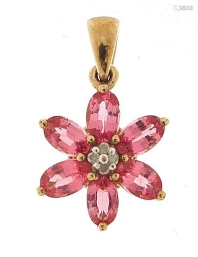 9ct gold diamond and pink stone flower head pendant, 2cm hig...