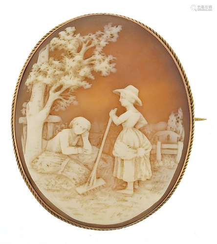 Large 9ct gold mounted cameo brooch carved with a male and f...