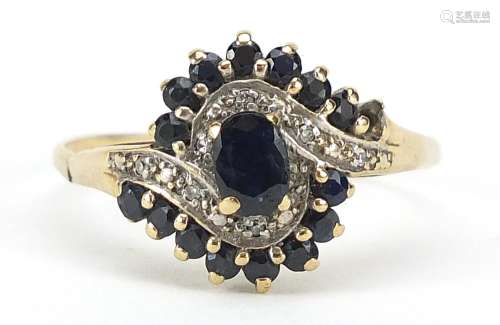 9ct gold sapphire and diamond crossover ring, size Z, 3.0g