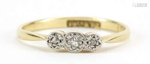 18ct gold and platinum diamond three stone ring, size J, 1.5...