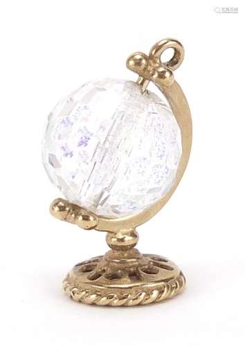 9ct gold and crystal rotating globe charm, 1.5cm high, 1.4g