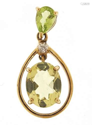 9ct gold peridot, citrine and diamond pendant, 2.2cm high, 1...