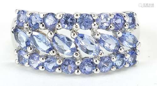 9ct white gold tanzanite three row cluster ring, size P, 3.5...