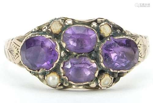 Early 19th century 9ct gold amethyst and seed pearl ring, si...