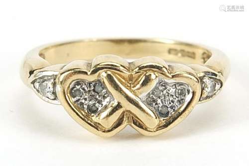 9ct gold diamond love heart ring, size L/M, 3.0g