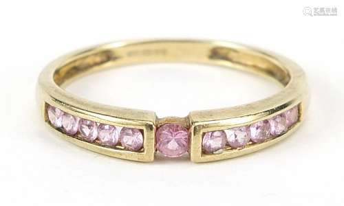 9ct gold pink stone half eternity ring, size O, 1.8g